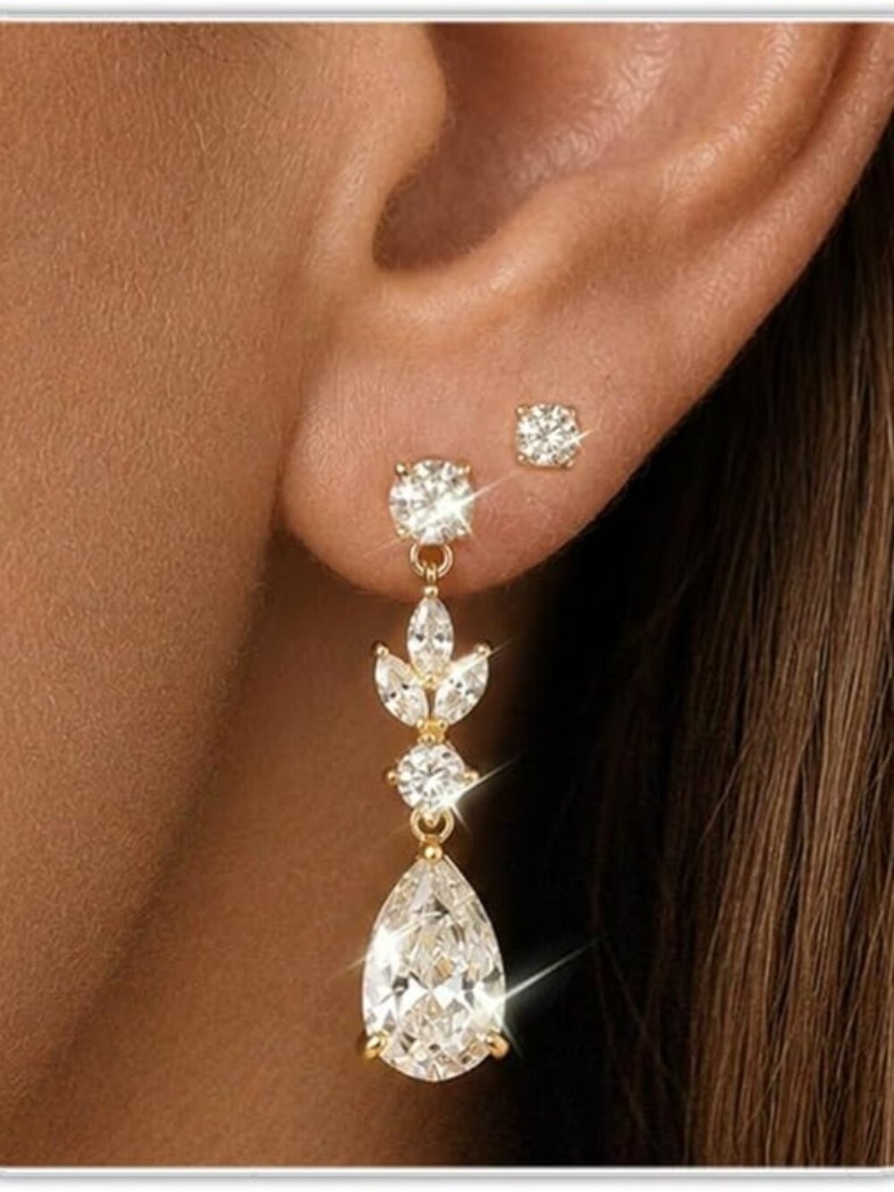 2 Pairs 14K Gold Silver CZ Dangle Stud Earrings